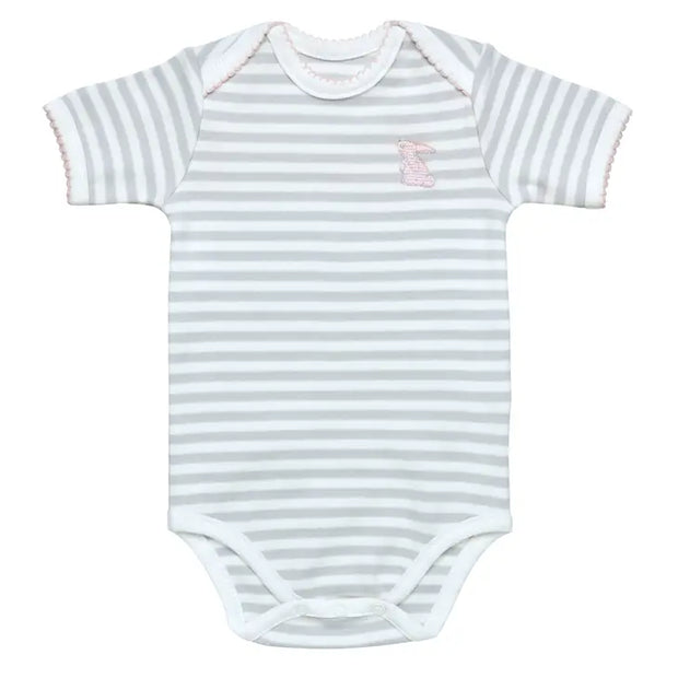 Organic Baby Short Sleeve Bodysuit - Grey Stripe w Bunny